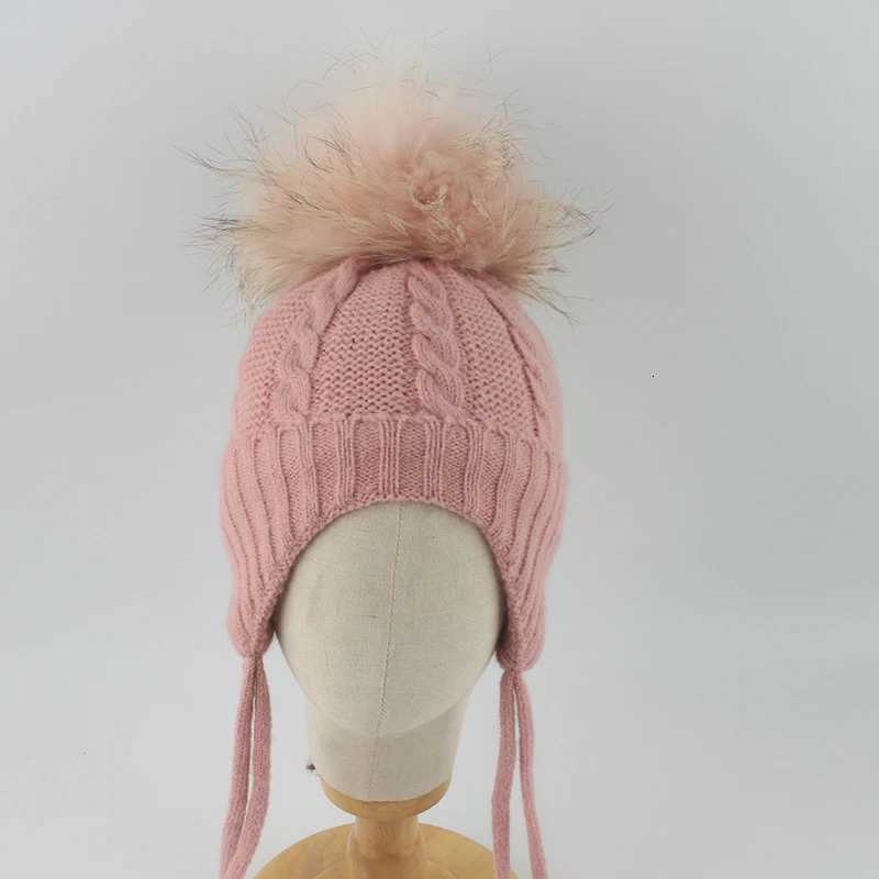 Real Fur Pompom Baby Hat Kids Winter Earfl C Fleece Inside Warm Knitted Skullies Beanies For Girls BoysXJ250910