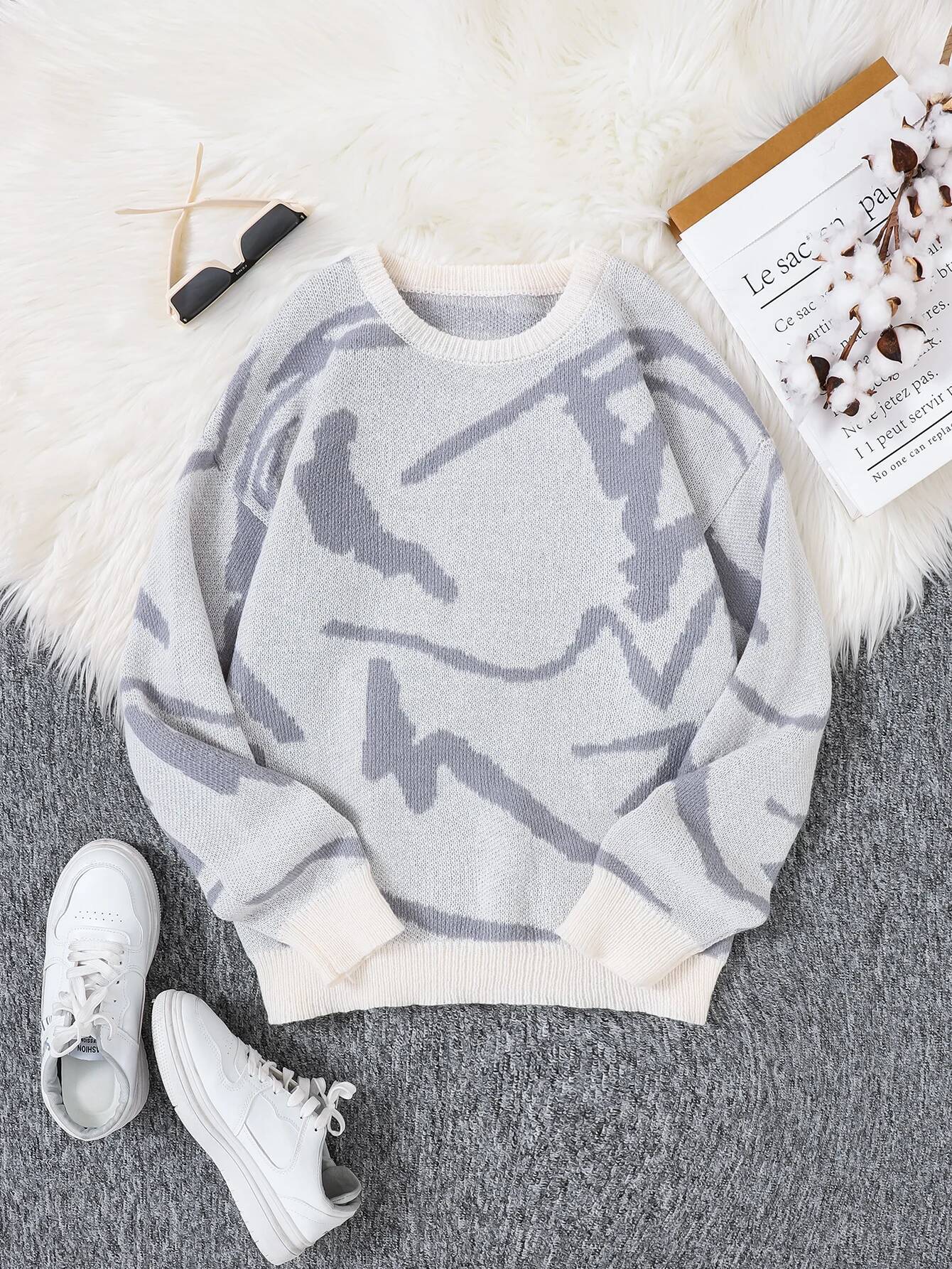 New Popular Spring Autumn Graffiti Jacquard Pattern Sweater Casual Round Neck Contrast Color Knitted Men's Pullover dongdumaoyi