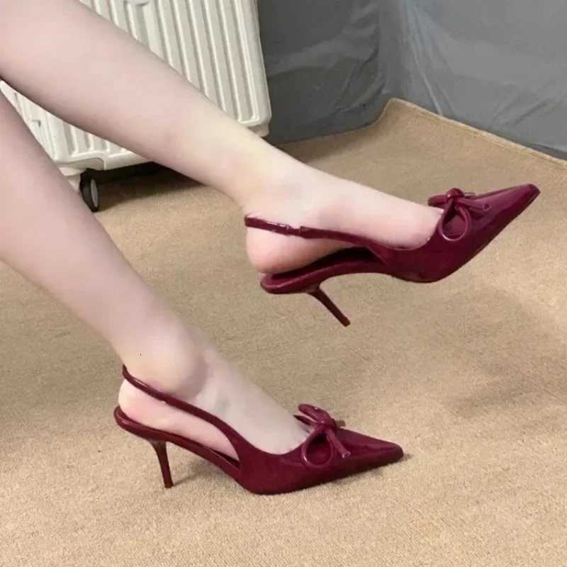 2025 New Womens Wine Red Sexy Bow Tie Highheeled Shoes French Pointed Patent Leather Shallow Mouth Highheeled Sandals W250910