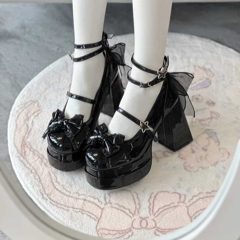 Platform High Heel Women Lolita Shoes Fashion Shallow Butterflyknot Shoes Ladies Party Dress Cross Strap Pumps Shoes W250910