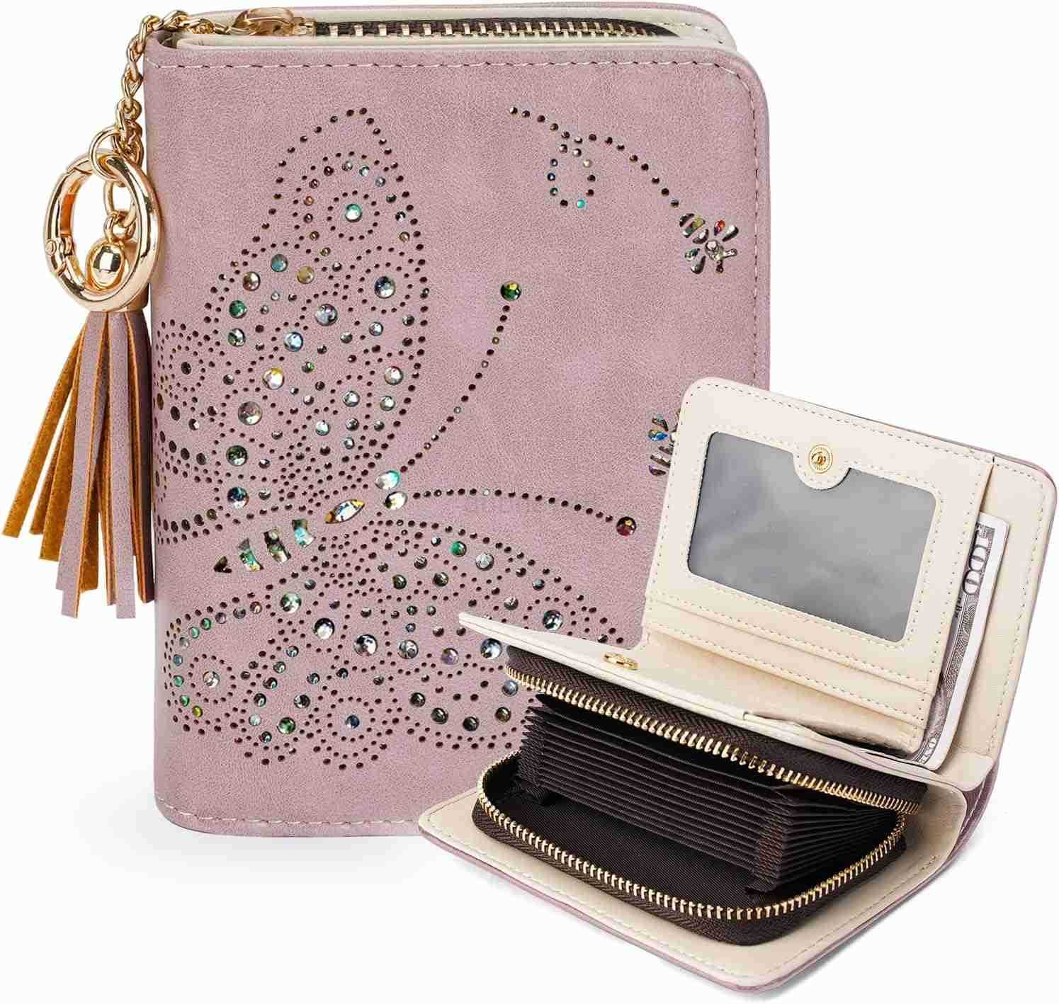 Women RFID Blocking Small Bifold Wallet Compact Cash Clutch with Zipper Coin Pocket Glittery Butterfly Design CARD Holder Travel Purse with Tassel PUR