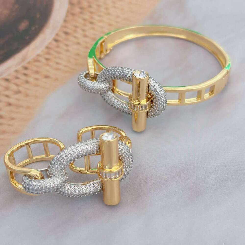New gold tone full diamond luxury jewelry for women classic super sparkling crossbar OT series ring bracelet set pig nose moissanite silver tone desig