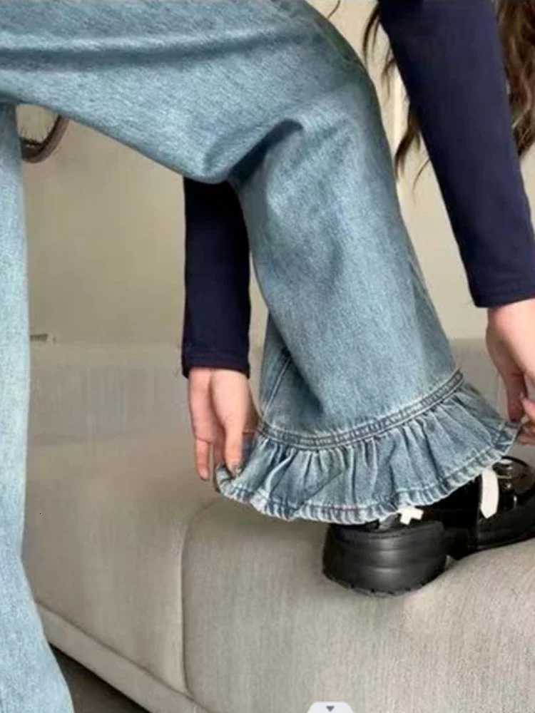 Ruffle Jeans Women Vintage American Style High Street Loose Hipster Y2k Denim Trousers Allmatch Flare Mopping Spring College Z250910