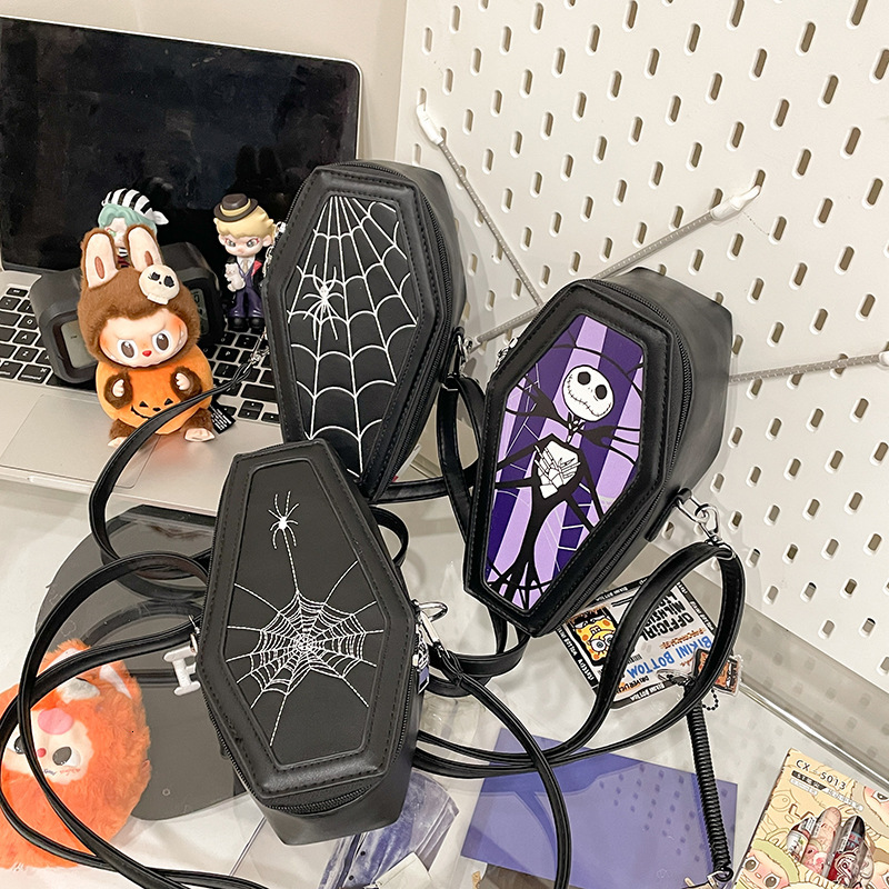 leisure 2025 Autumn New European and American Halloween Style Personalized Coffin Bag Embroidered Spider Skull Women's Shoulder Bag Designer Bag