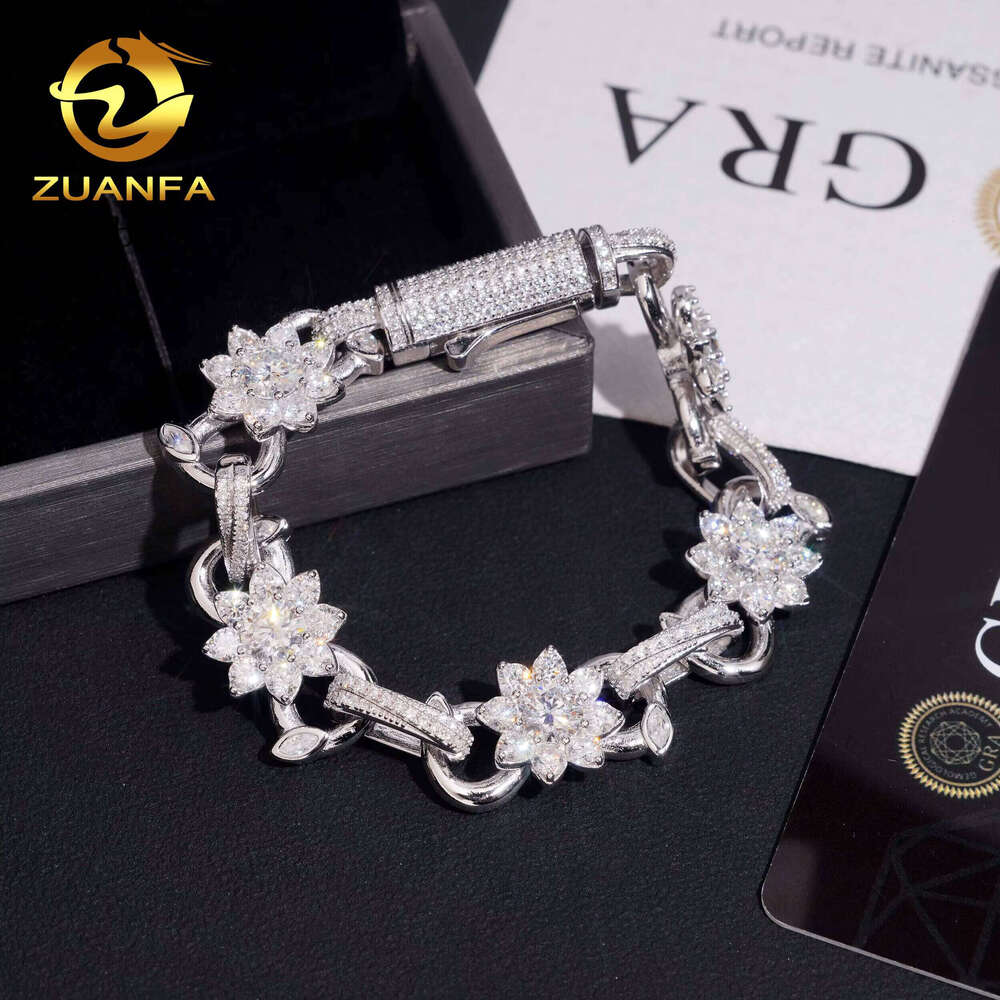 Hip Hop Jewelry 13mm Flower and Leaf VVS Cuban Link Sier Moissanite Iced Out Bracelet for Men Women