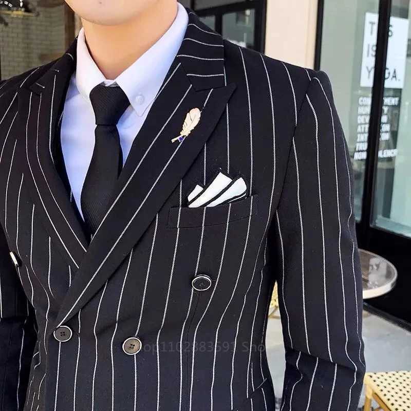 Vertical Stripe Mens Suit Homme Slim Fit Business Korean Edition Double Breasted Suit Wedding Banquet Set of 2 Pieces W250910