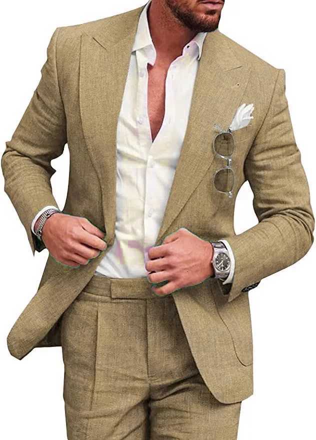 Korean Version Linen Solid Color Business Twopiece Set Mens Spring New Casual Back Slit Single Button Lapel Suit Trousers W250910