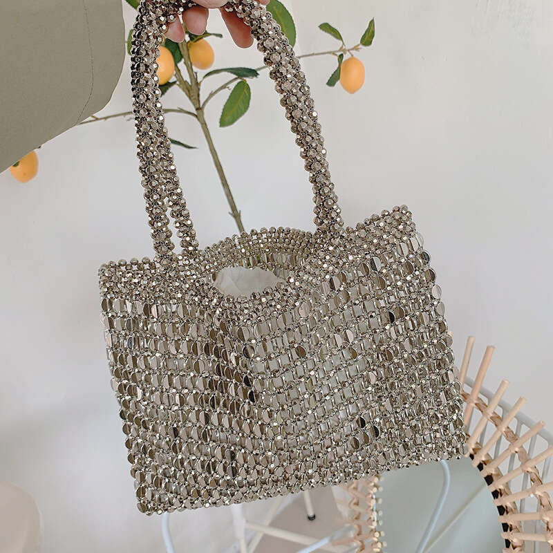 Style Fashion Handwoven Handbag Summer Trendy Stylish silver Shiny Versatile Beaded Ins Shoulder Bag