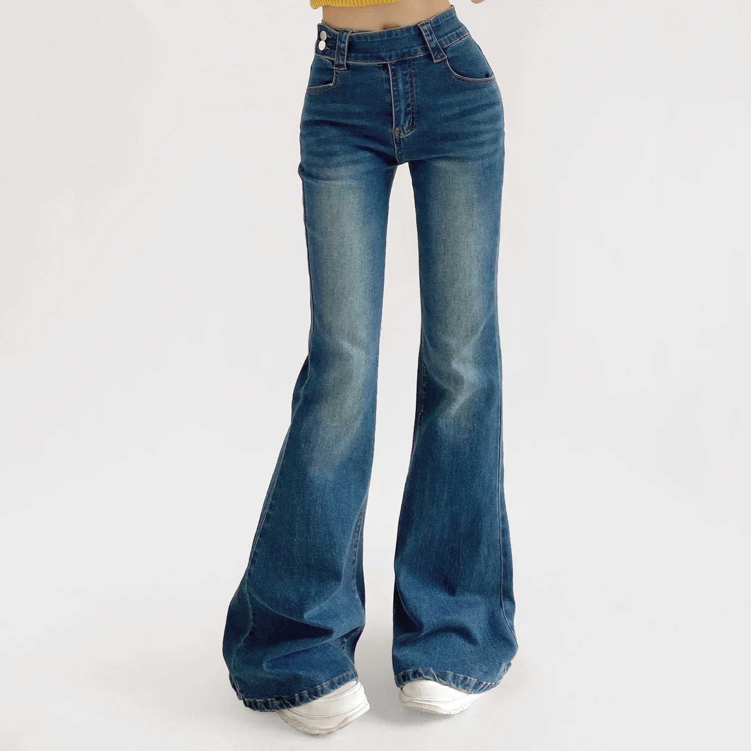 HighWaist Flared BellBottom Jeans for Women Retro Slim Fit Stretch Denim with Side Button Accent Z250910