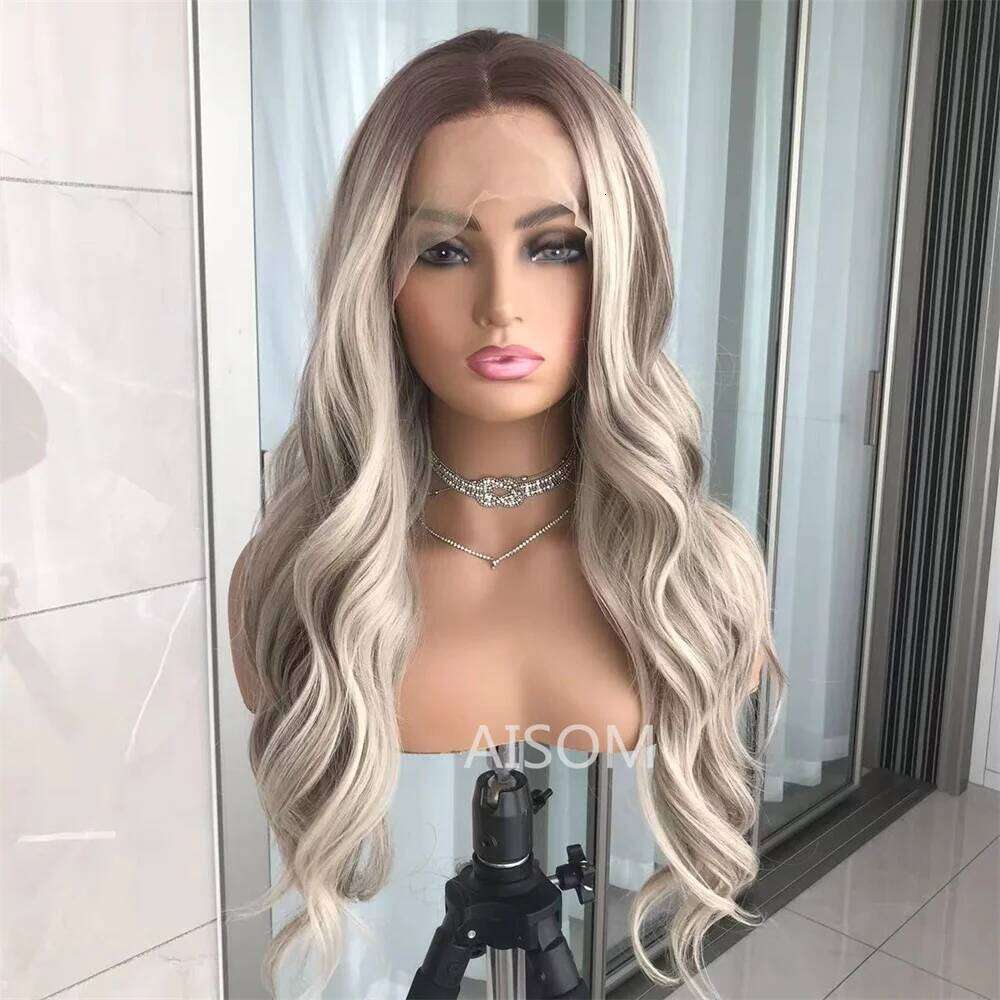 Body Wave Front Highlight Ash Blonde Frontal Wigs Pre Plucked Long Wavy Synthetic Lace Wig for Women