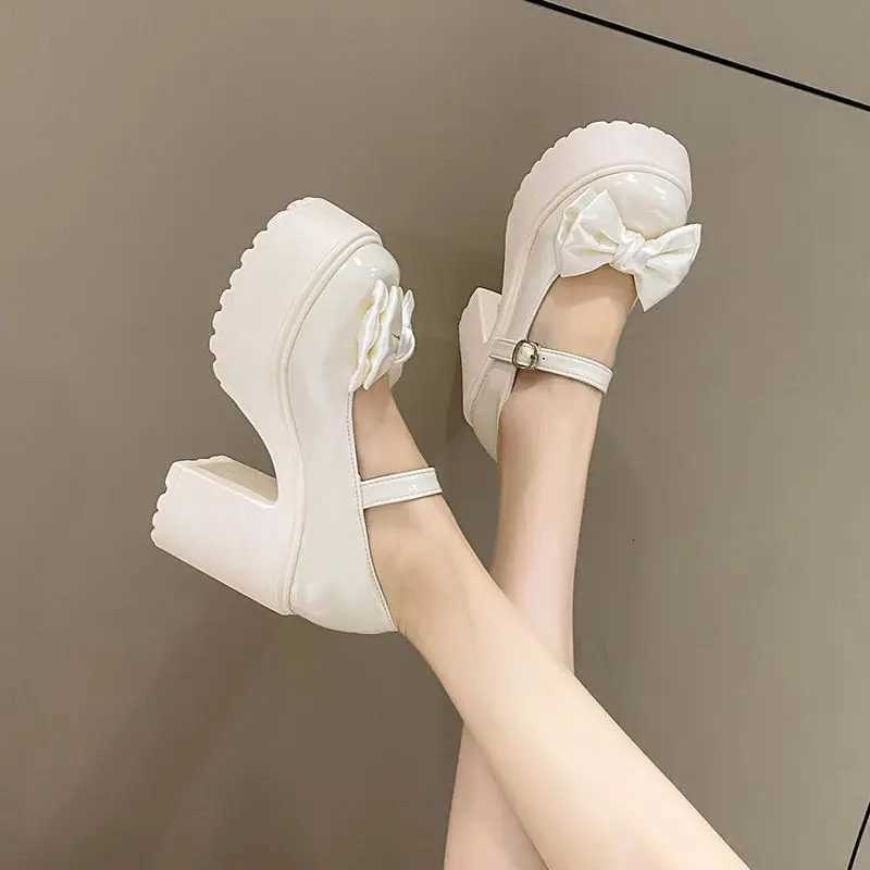 White Platform High Heels Women Mary Jane Chunky Heel Shoes Bows Elegant Woman Heeled Pumps Round Toe Shoes Womens Wedding Shoe W250910