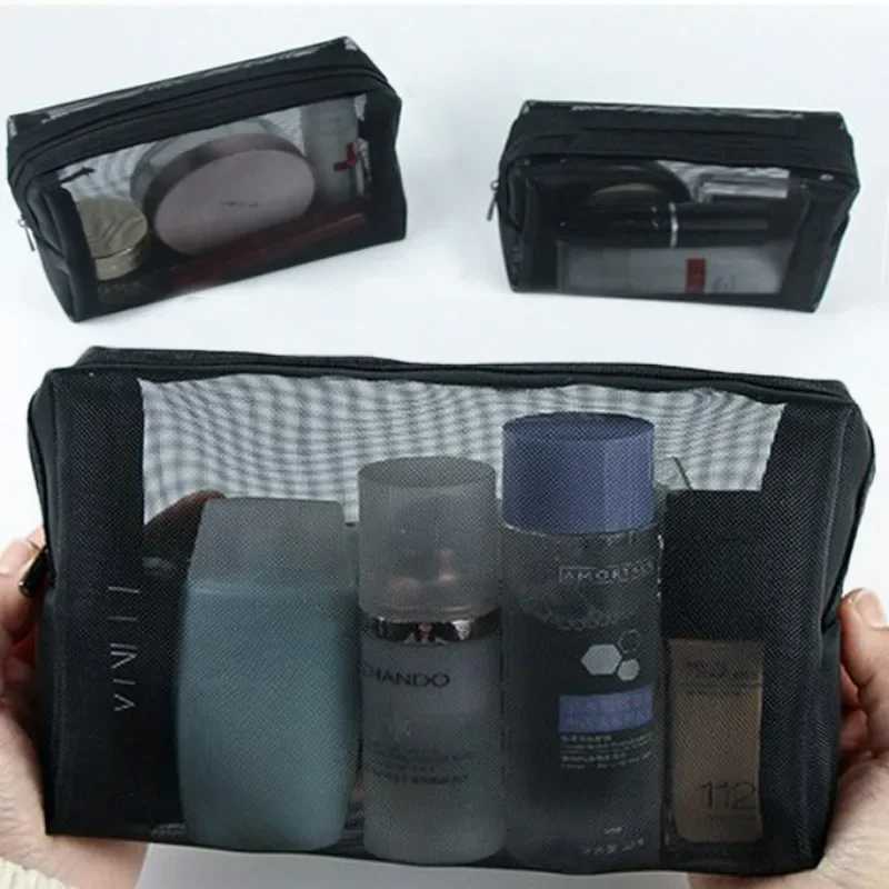 Black Mesh Cosmetic Bag Travel Storage Makeup Bag Organizer Female Make Up Pouch Portable Small Large Toiletry Beauty CaseXJ250910