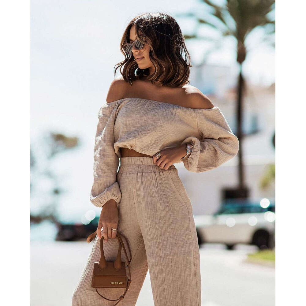 2024 European and American new short-sleeved off-shoulder top straight-leg pants solid color commuting two-piece set