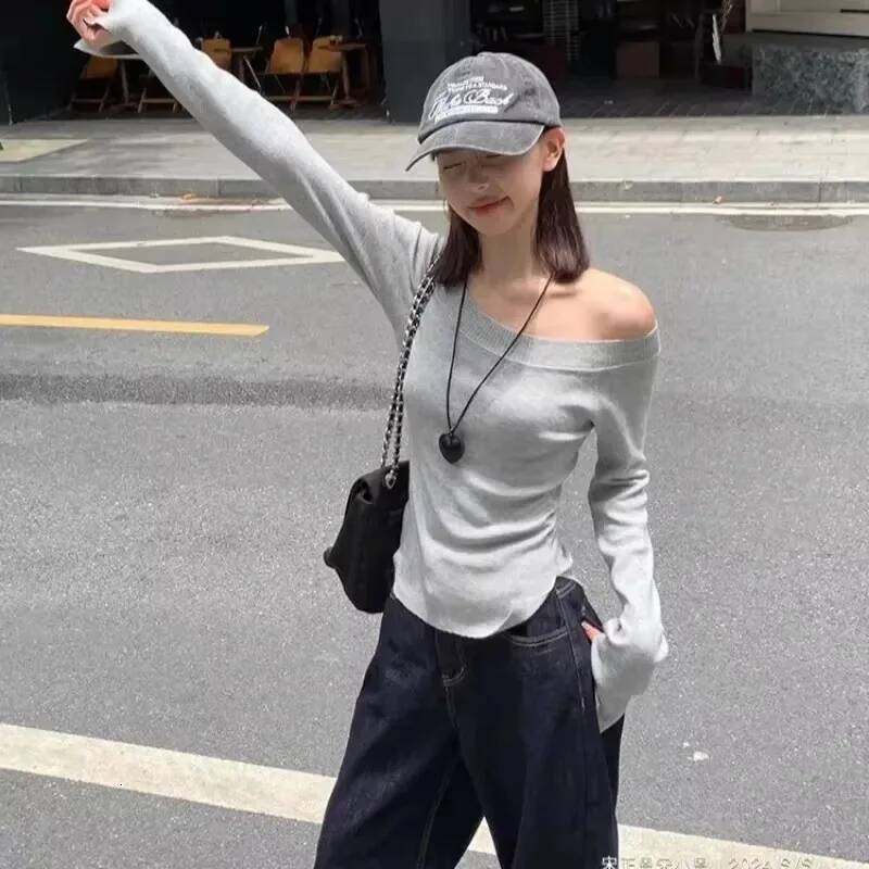 Sexy Pullovers Women Off Shoulder Cropped Knitted Basic Clothes Autumn All-match Side Slit Simple Tender Slim Gentle Seductive dongdumaoyi
