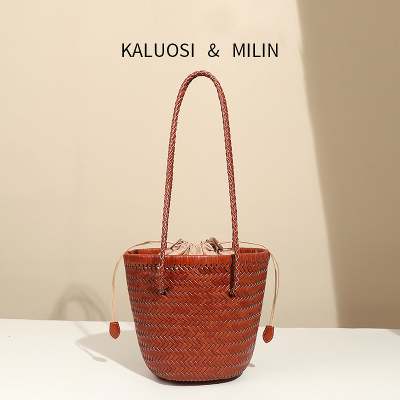 Genuine Leather for Women, High-End First Layer Cowhide Basket Bucket Premium Handwoven Mother-Daughter Bag, Shoulder Bag