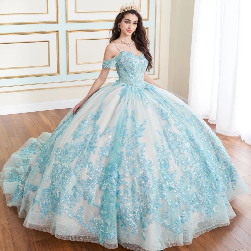 Light Blue Shiny Quinceanera Dresses Ball Gown Off The Shoulder Applique Lace Beading Crystal Tull Sweet 16 Dress Vestidos 15 De Anos