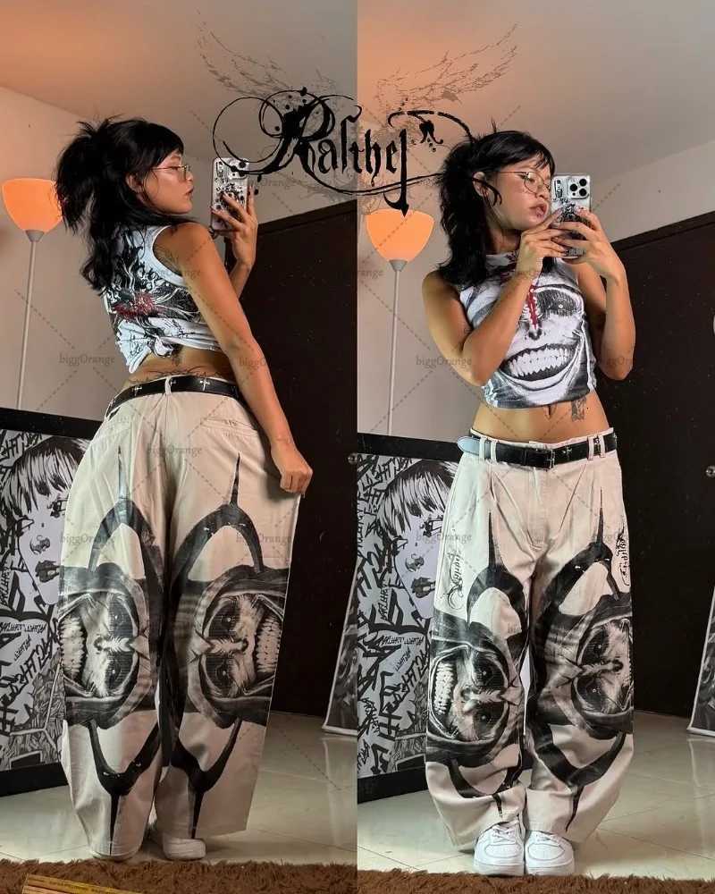 Harajuku Y2K Streetwear Trousers Women Vintage Retro Rock Baggy Jeans Gothic Punk Cross Print Straight Pants High Waisted Jeans Z250910