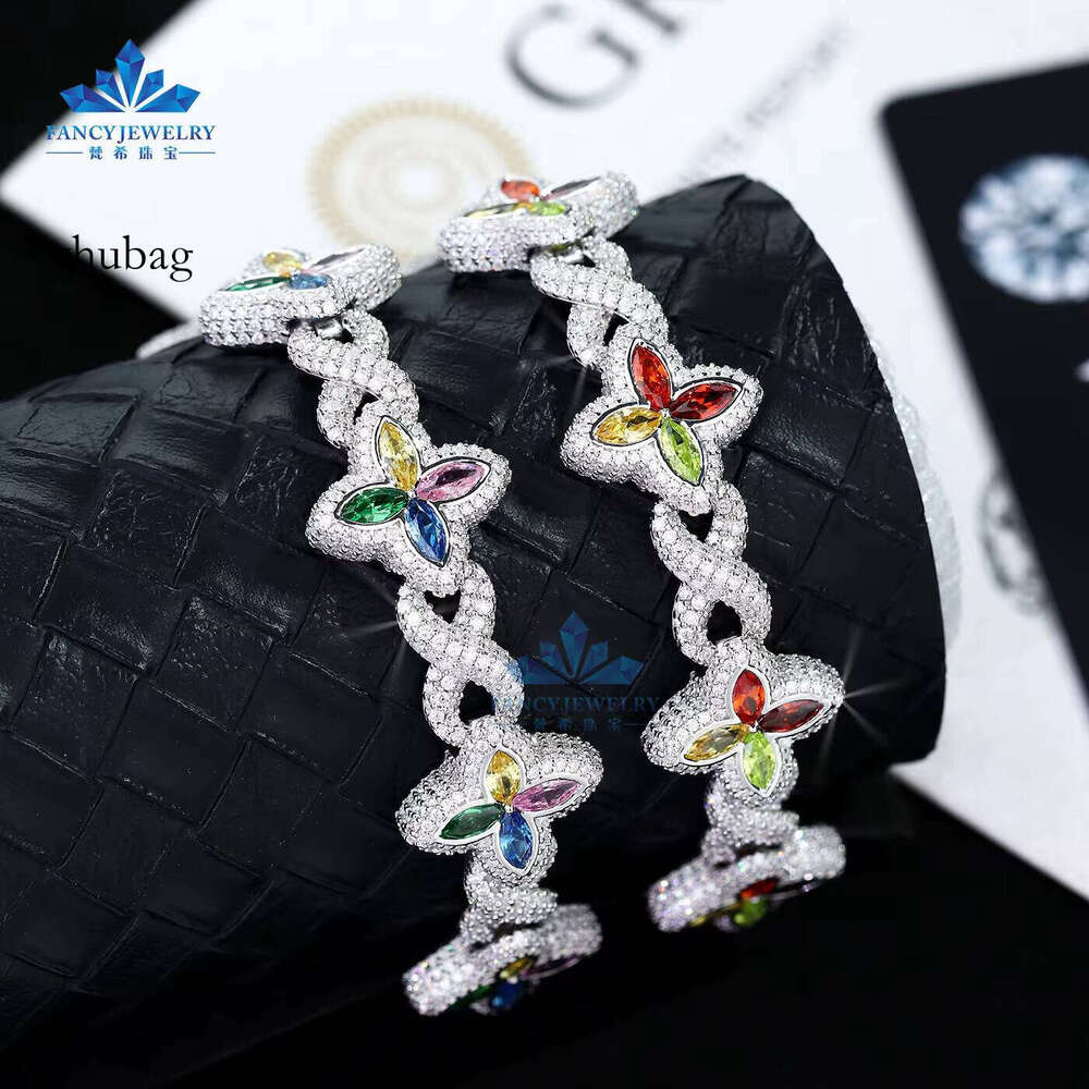 2025 Colorful Marquise Eye Moissanite Four-Leaf Clover Sier Cuban Chain Bracelet Gold-Plated Men's Women's Party Jewelry Gift