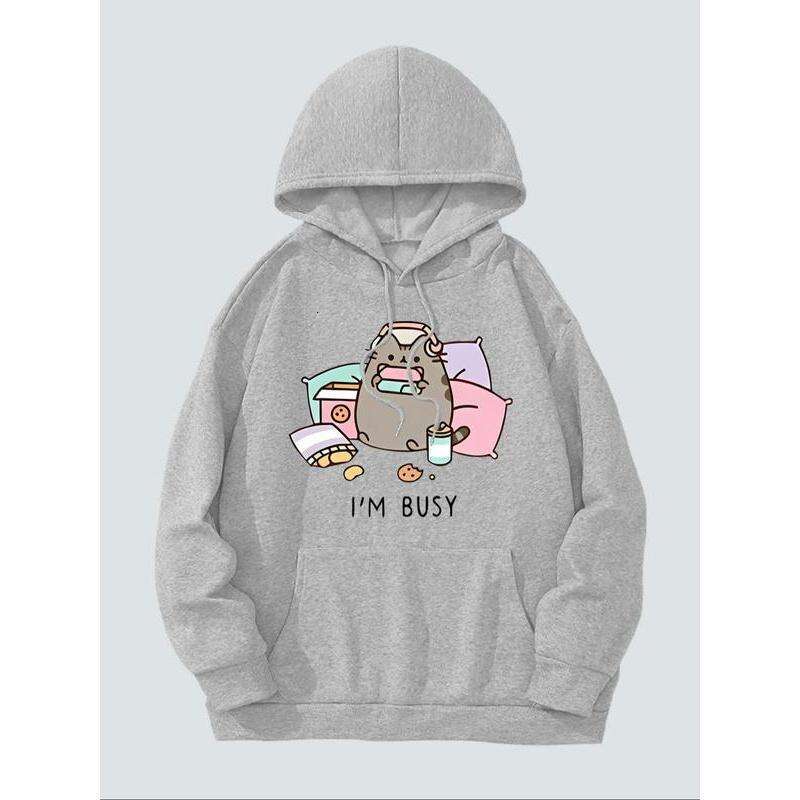 Women's Cartoon Cat Letter Print Drop Shoulder Hoodie, Fashion Casual Drawstring Pocket Hooded Sweatshirt Daily Holiday Outdoor Wear, Ladies Clot