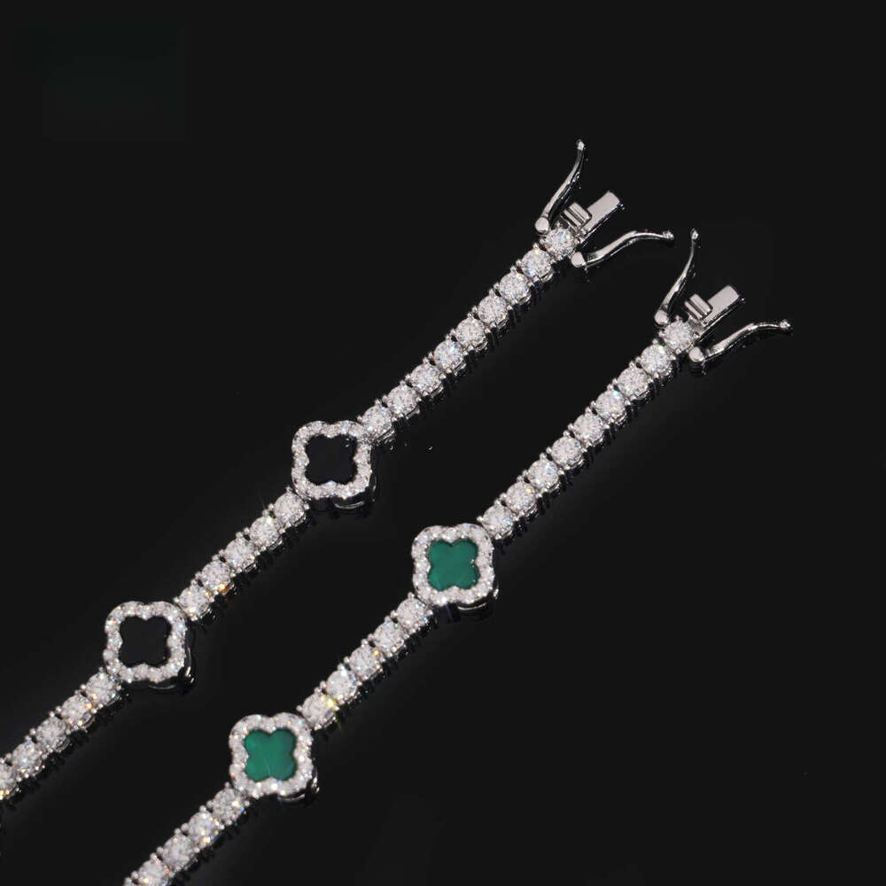 Fashion Style 3mm Iced Out Hip Hop Jewelry S Sier VVS1 Moissanite Dia Four Clover Leaf Cluster Tennis Bracelet
