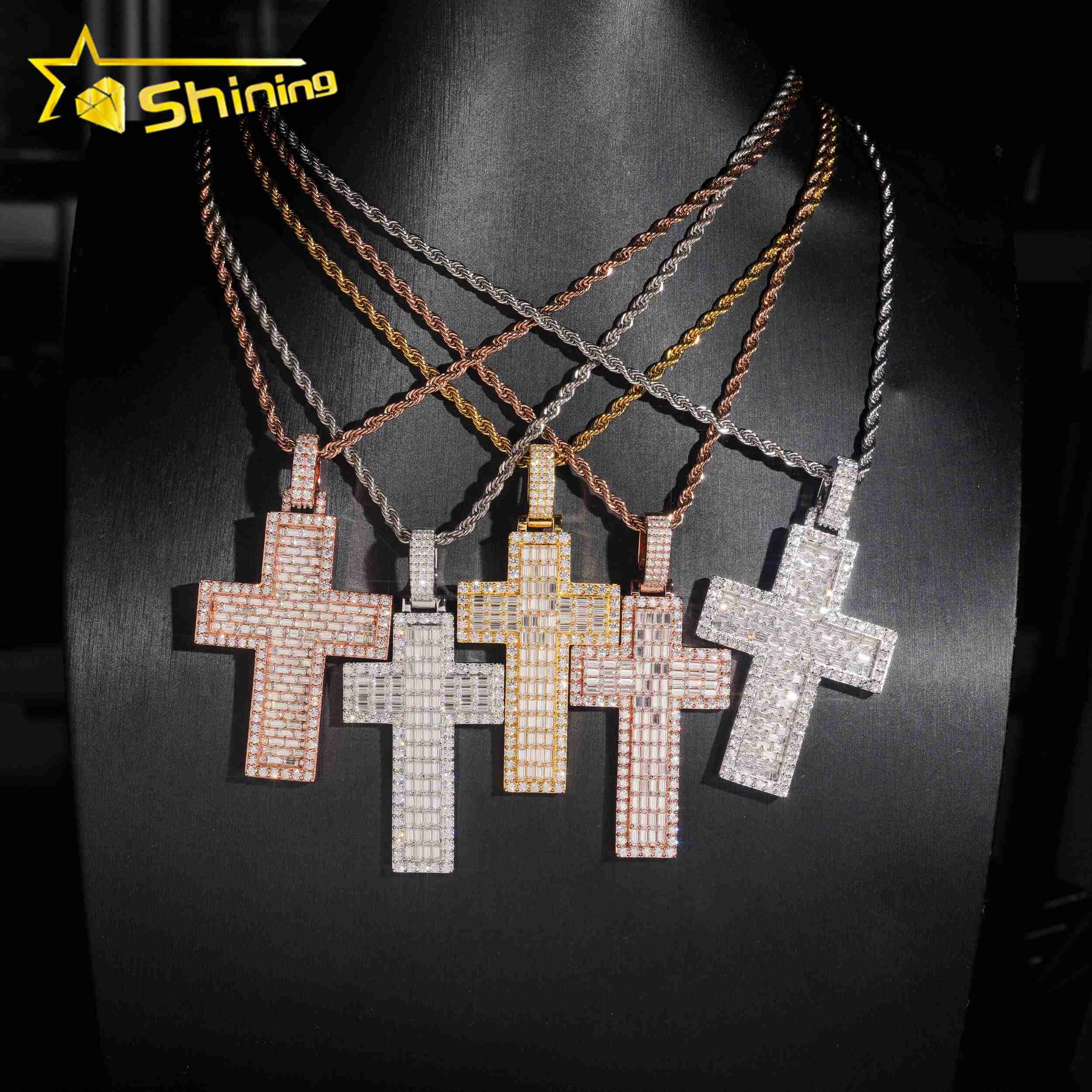 Pass Diamond Tester Baguette Diamond 925 Silver Iced Out Mens Cross Moissanite Hip Hop Pendant