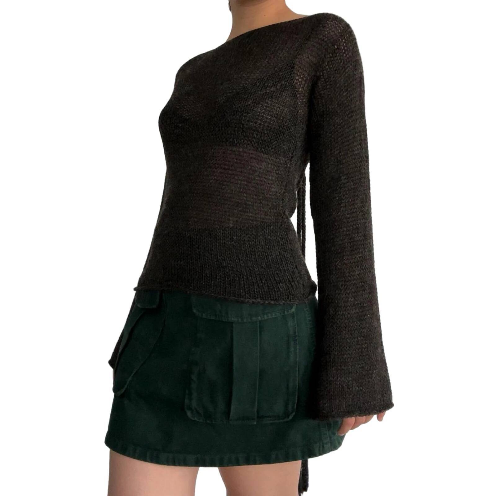 Fashion Women's T-shirt Tie Back Sweaters Long Sleeve Boat Neck Solid Color Knit Pullover Casual Tops Streetwear Y2k Summer Cami dongdumaoyi