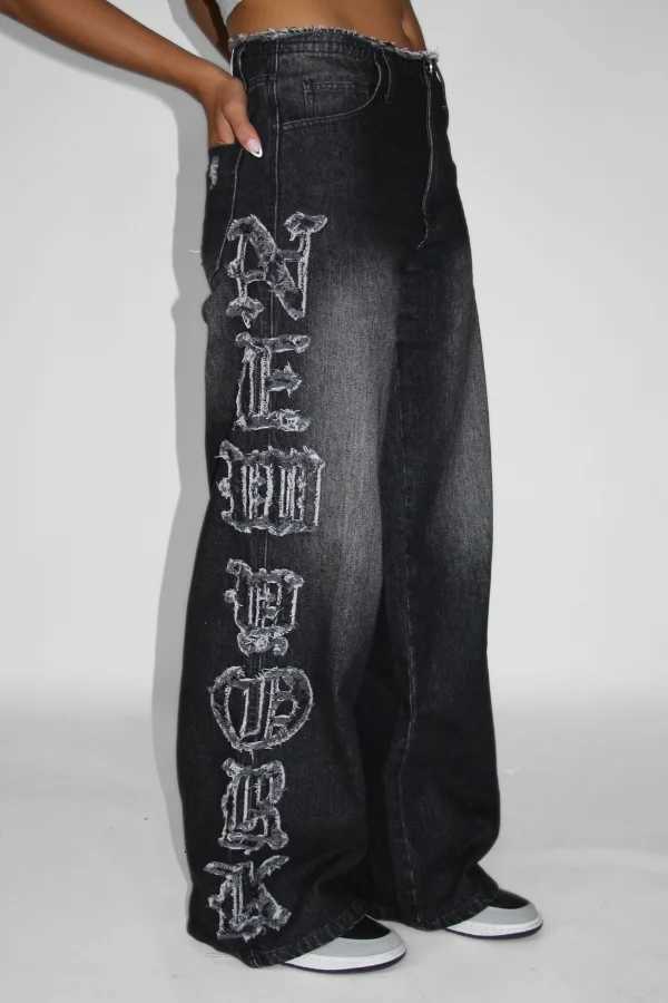 Gothic Style Patchwork Baggy Wash Jeans Fashion Trendy Y2K Straight Jeans Men and Women Universal High Street Wideleg Jeans Z250910