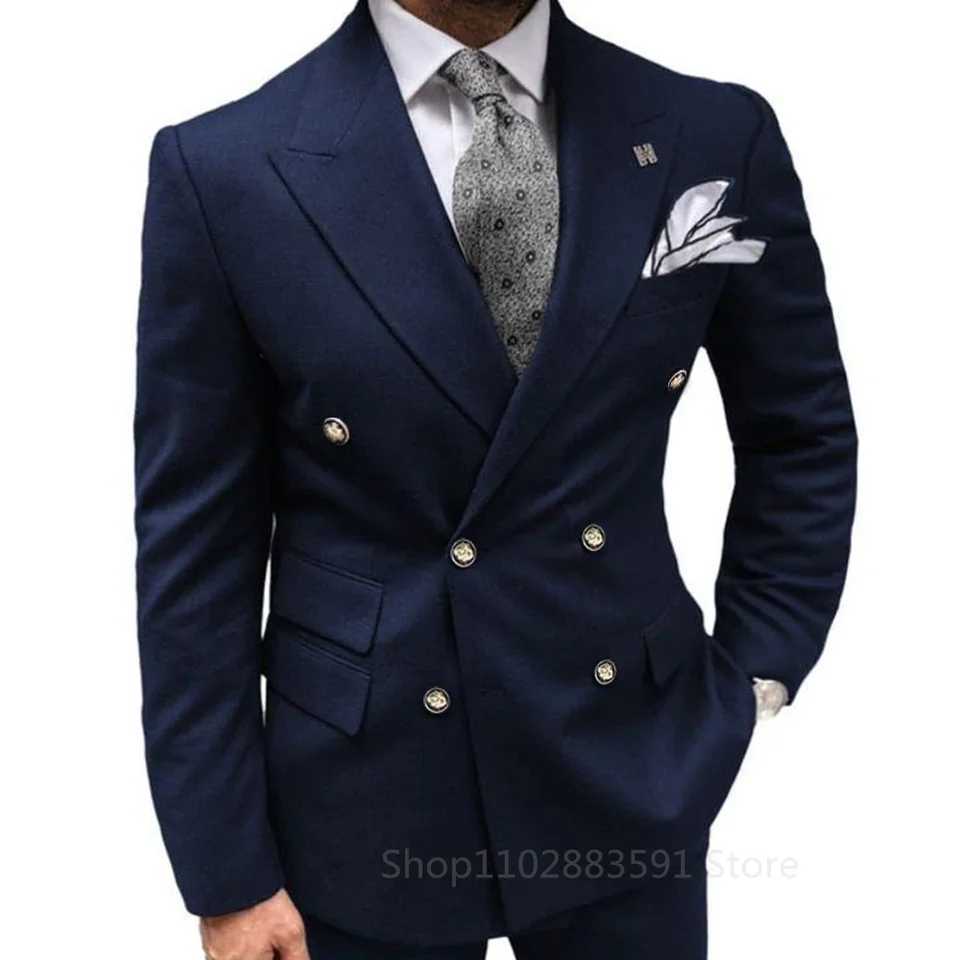 High End Double Breasted Luxury Suits for Men Navy Blue Office Work Blazer Homme Outfits Skinny 2 Piece Jacket Pants Full Set W250910