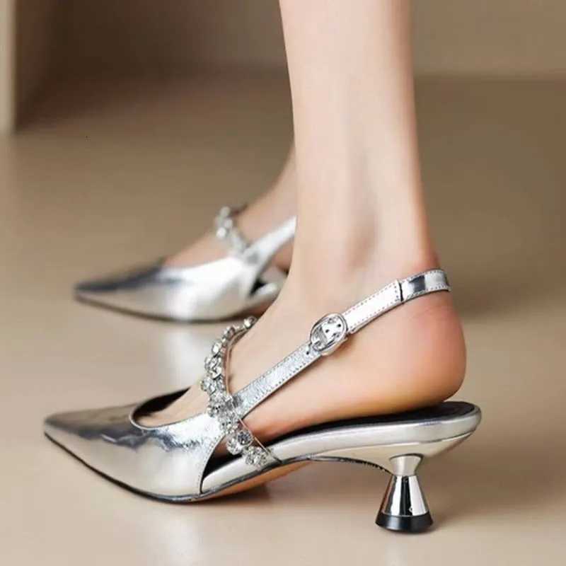 Summer Women Silver Back Clasp Sandals Famele HighHeeled Rhinestone Mary Jane Shoes Ladies Slingback Temperament Gold Pumps W250910
