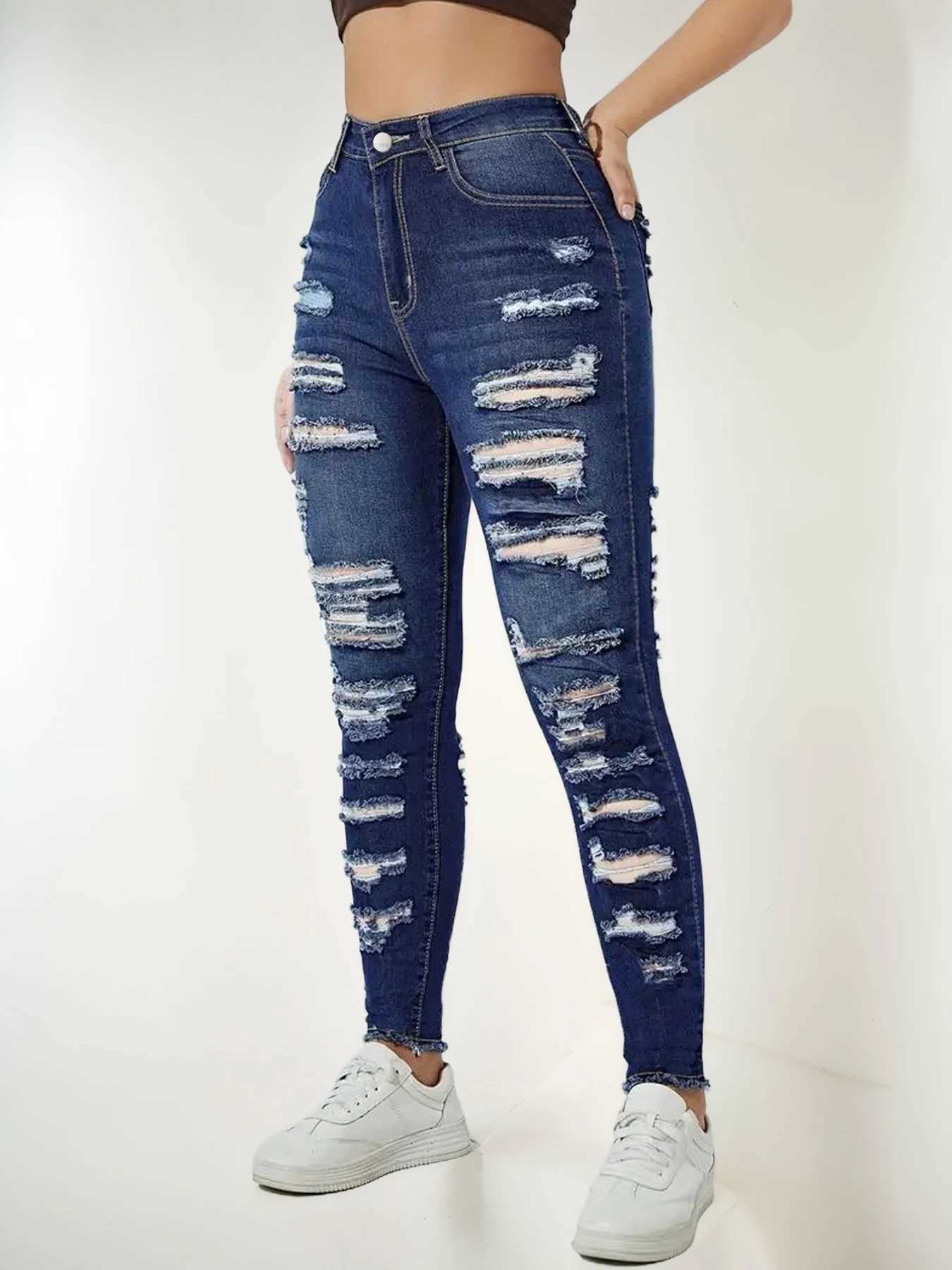 2025 New Womens High Waisted Elastic Perforated Slim Fit Jeans Fashionable Street Style Comfortable Casual Jeans Z250910