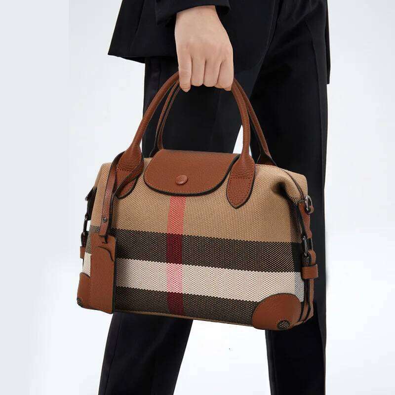 Aidrani Plaid Canvas Handbag: Leather Tag Detail & Dual - Carry