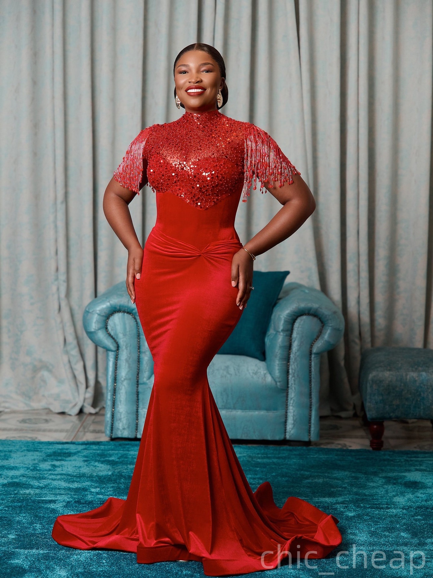 Red Mermaid Prom Dresses 2025 Velvet Sequined Tassels Elegant Evening Formal Party Second Birthday Engagement Gowns Plus Size Dress For Special Occasi