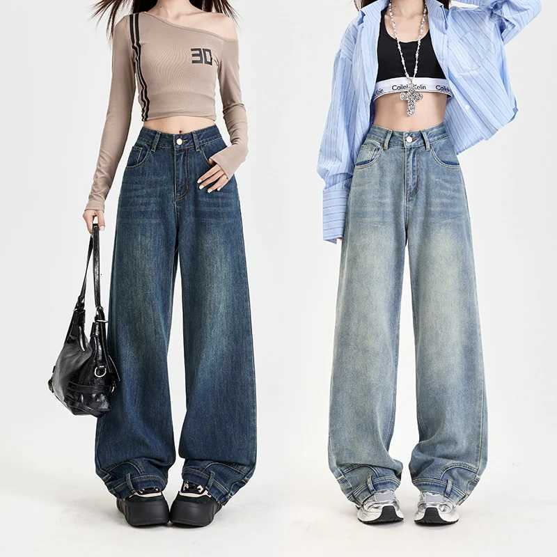 Ins Fashion American Retro Baggy High Waisted Jeans Woman High Street Denim Pants Reversible Trousers Streetwear Y2K Loose Jeans Z250910