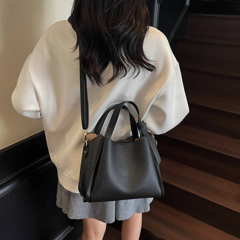 PU leather bucket bag women s shoulder bag short handle solid color simple style autumn new item lychee pattern designer bag women s crossbody bag tra