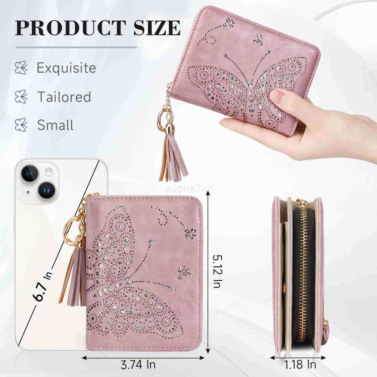 Women RFID Blocking Small Bifold Wallet Compact Cash Clutch with Zipper Coin Pocket Glittery Butterfly Design CARD Holder Travel Purse with Tassel PUR