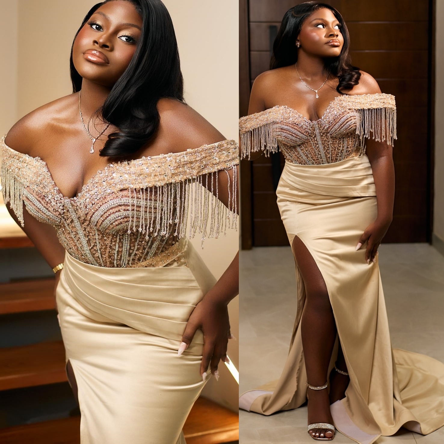 Champagne Mermaid Prom Dresses 2025 Beaded Crystals Satin Tassels Evening Formal Party Second Birthday Engagement Gowns Plus Size Dress For Special Oc