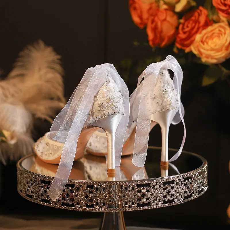 French Style White Wedding Shoes Senior Sense Wrapped Head Sandals WomenS Summer Lace Mesh Hollow High Heels Bride Single Shoes W250910