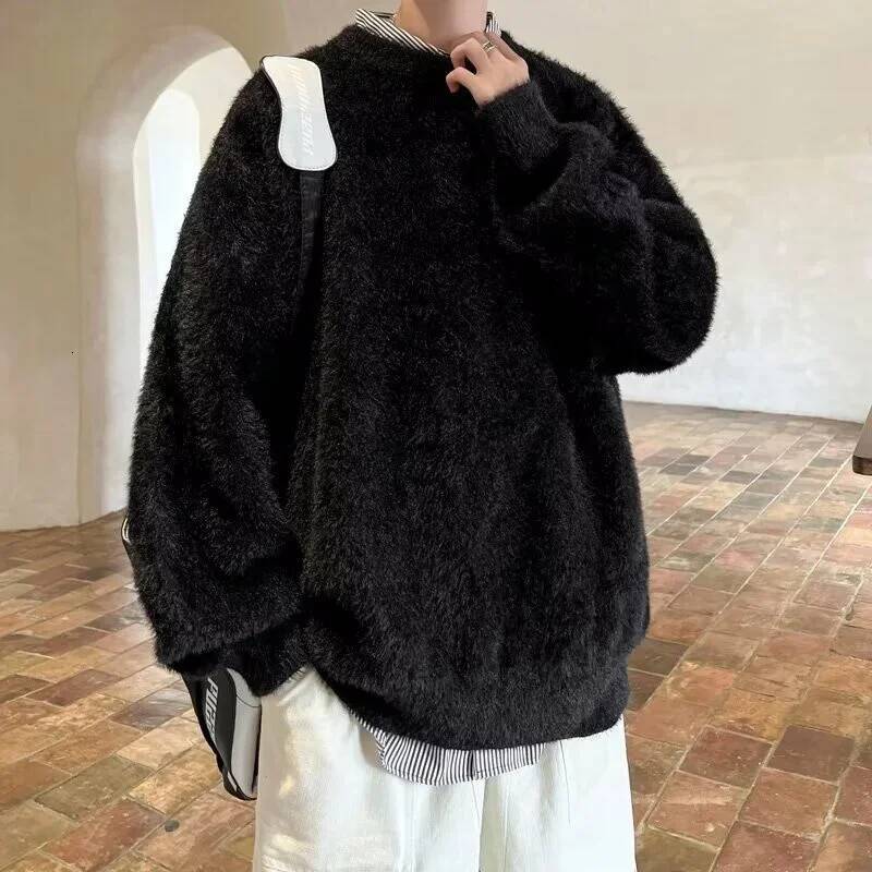 Autumn Men's Solid Fluffy Knitted Sweaters New Korean Fashion Loose Warm Pullovers Winter Couples Y2K Vintage Knitwear Jumpers dongdumaoyi