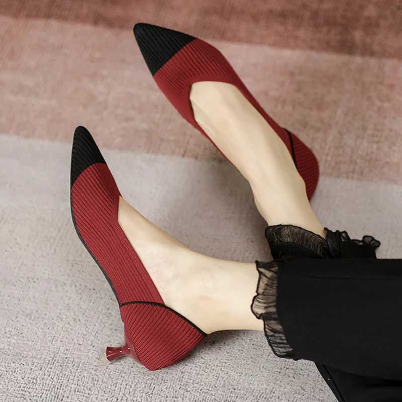 Womens Work High Heels 2025 New Knitted Breathable Thin Heels Fashion Color Matching Shoes Spring and Autumn Seasons W250910