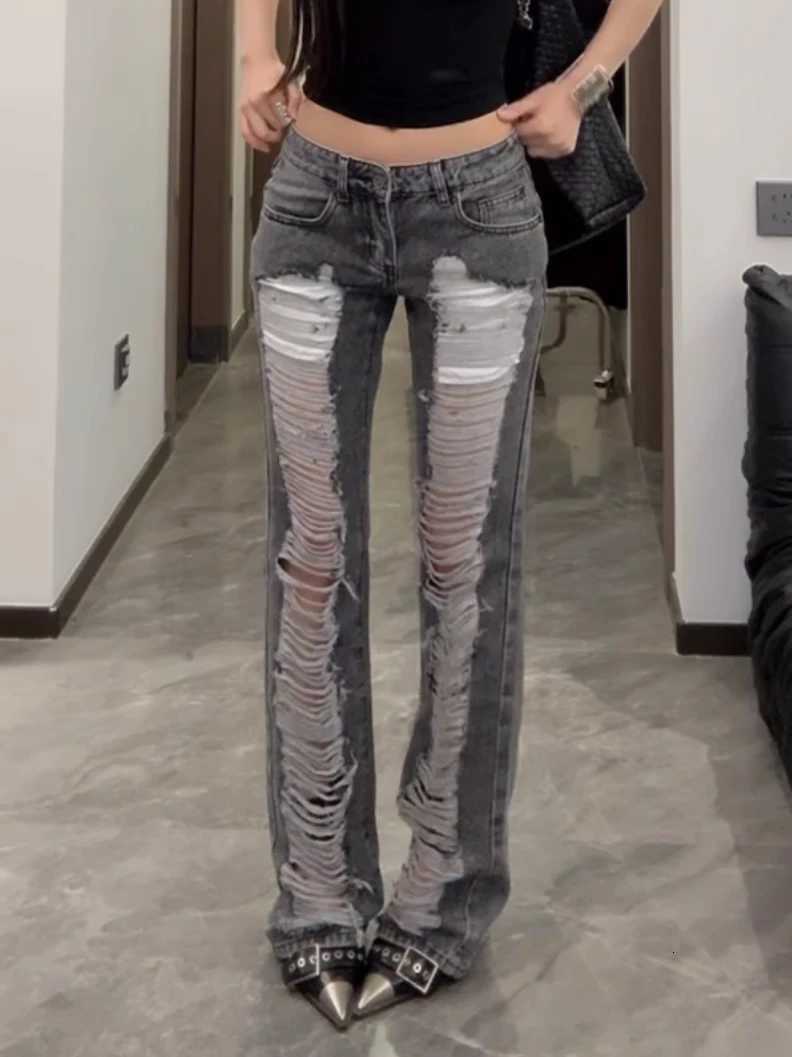 Womens Grey Ripped Skinny Jeans Harajuku Vintage Y2k Denim Trousers Japanese 2000s Style Emo Oversize Jeans Long Pants Clothes Z250910