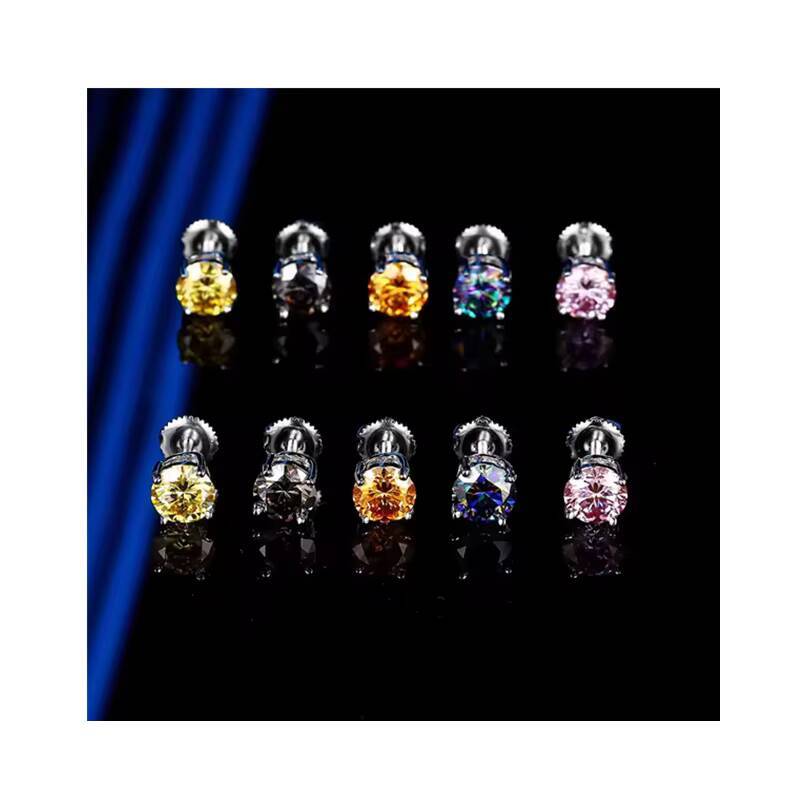 Wholesale 925 Silver Four Claw Inlaid Color Moissanite Earrings Ladies Screw Earplugs Simple Earrings