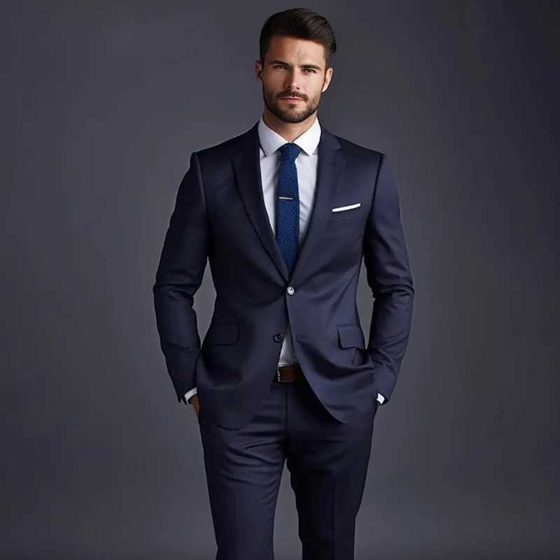 Navy Blue Solid Men Suits Fashion Notch Lapel Single Breasted 2 Piece JacketPants Business Casual Office Daily Suit Clothing W250910