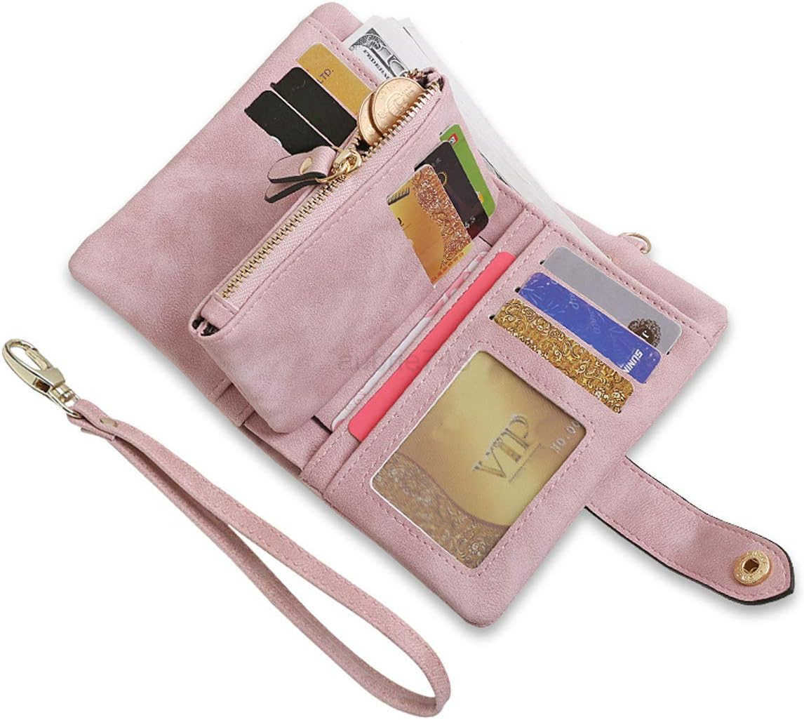 Wallets for Women Bifold Small Rfid Soft Leather Ladies Wallets Trifold Womens Wallets Billfolds Mini Wristlet Clutch Cute Zipper Coin Purse with Wris