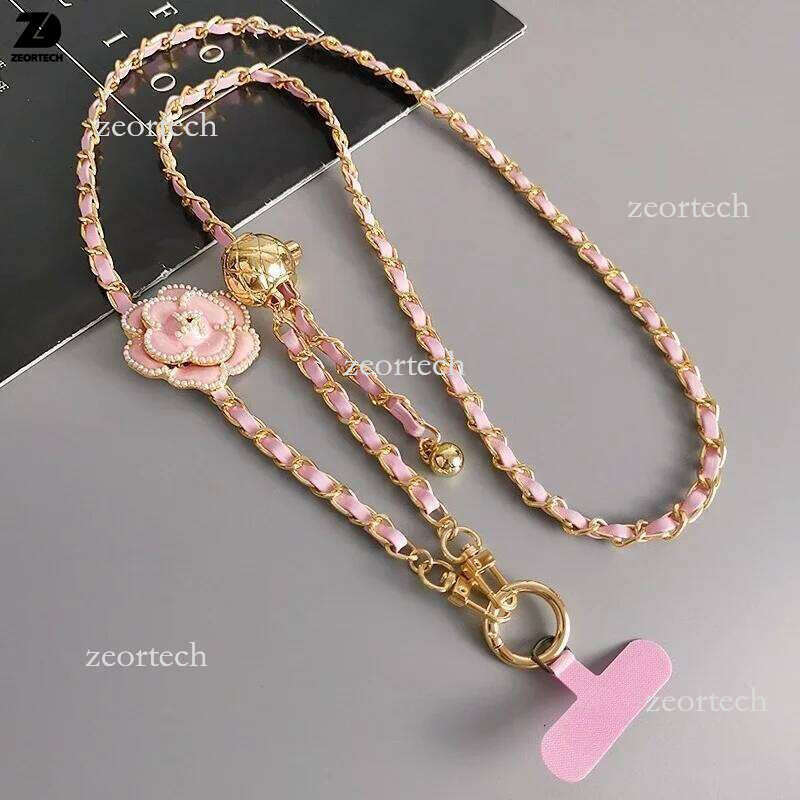 iPhone Cell Accessories phone lanyard Adjustable Round Ball CrossbodyTelescopic Buckle Camellia Phone Lanyard Pickup Neck Bag Metal Chain Mobile