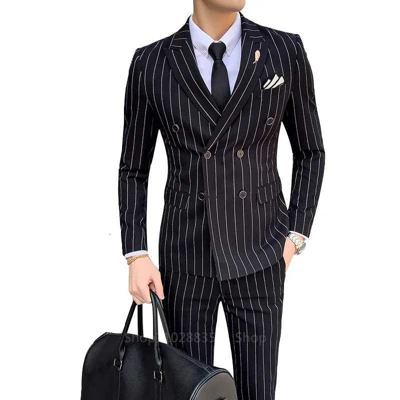 Vertical Stripe Mens Suit Homme Slim Fit Business Korean Edition Double Breasted Suit Wedding Banquet Set of 2 Pieces W250910