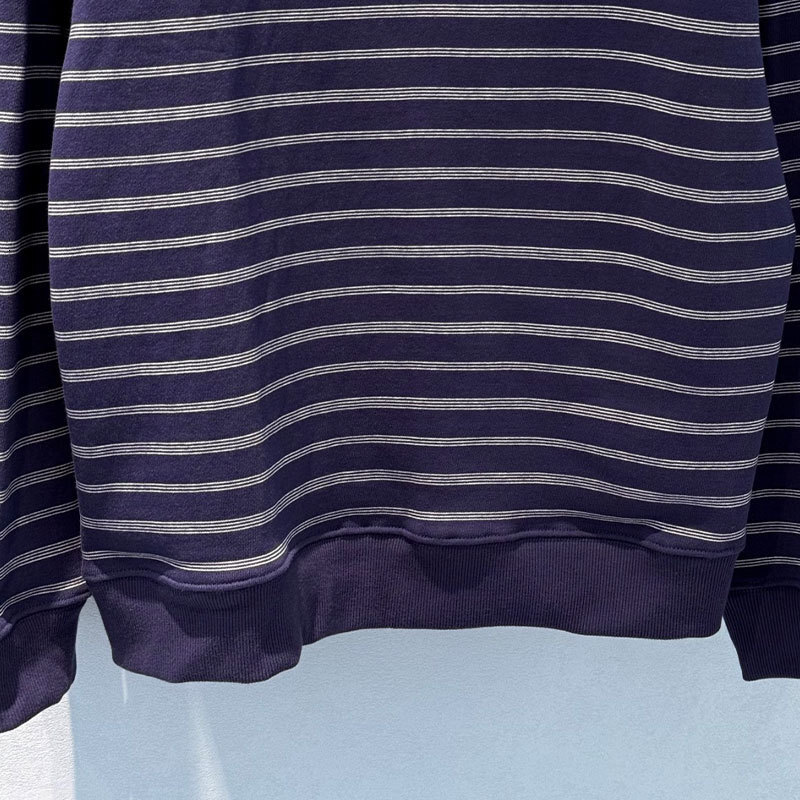 Luxury Y2K Designer Elegant Retro Women's Navy Blue Pure Cotton Striped Pullovers Notched Collar Front Zipper Design Sweater Long Sleeve Daily We