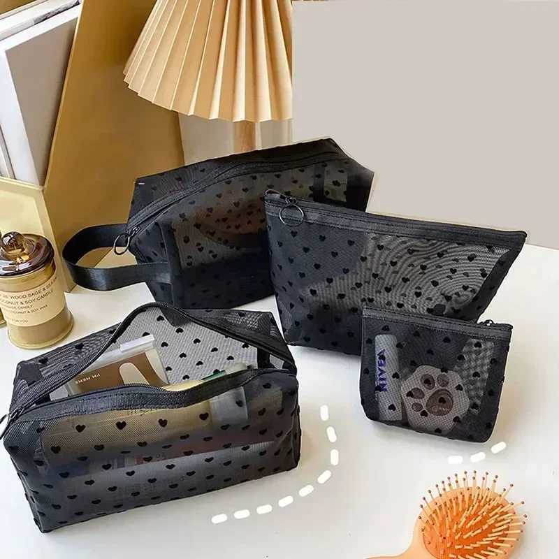 Women Travel Toiletry Wash Makeup Bag Storage Case Zipper Make Up Bags Fashion Black Heart Transparent Mesh Cosmetic BagsXJ250910