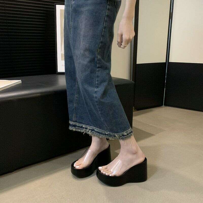 Trendy Designer Shoe Transpnt Wedge Sandals for Women 2025 Summer Small Size Thick Sole Slimming Fairy Style Slip-On Slides