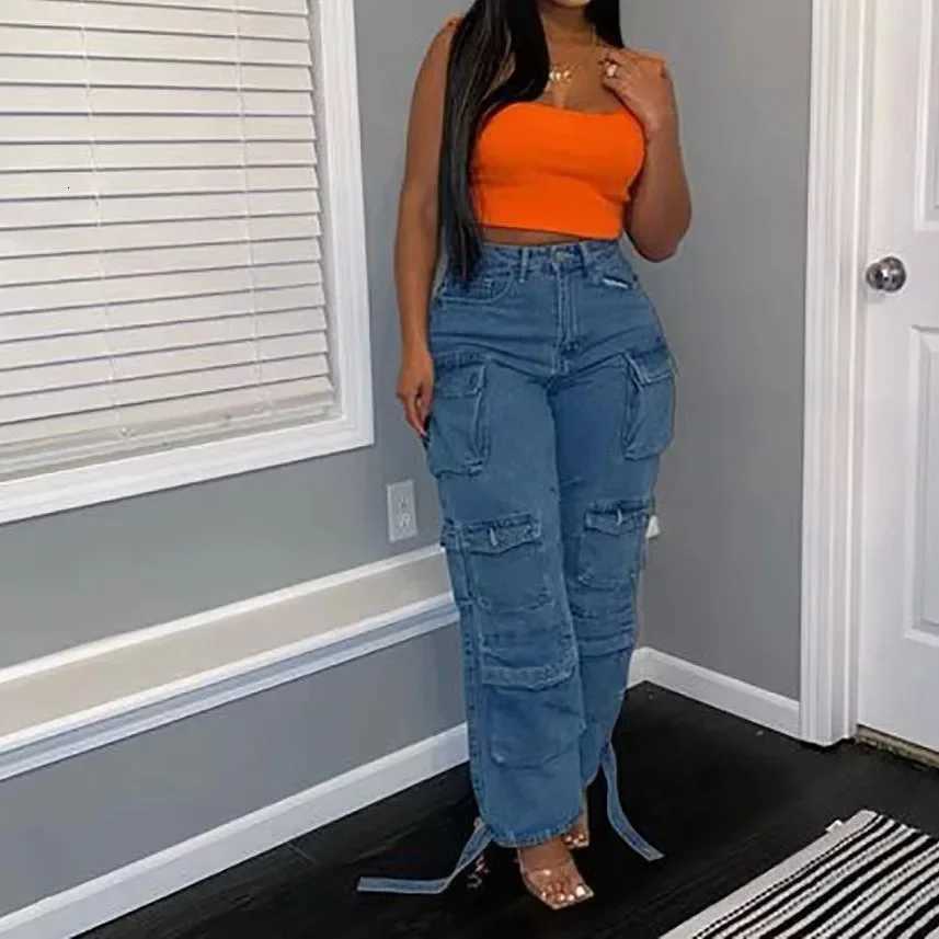 Europe and The United States Highwaisted Multipocket Long Jeans Womens Spring and Autumn New Trend Loose Splice Cargo Jeans Z250910