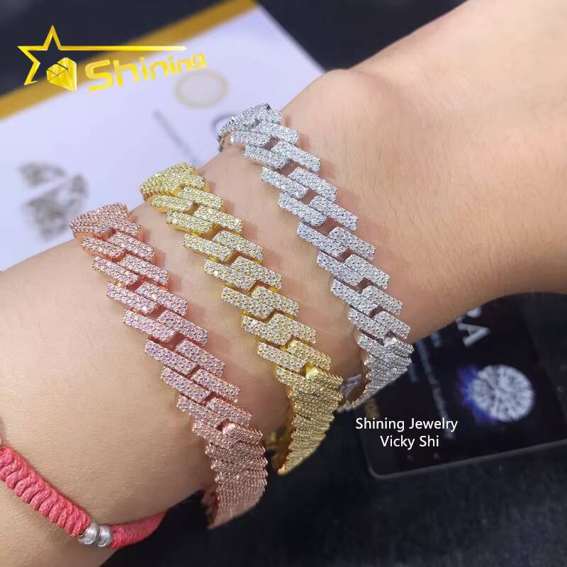 Hip Hop Jewelry Moissanite Cuban Bracelet 10MM 2 Rows 925 Sterling Silver Iced Out VVS Moissanite Miami Cuban Link Chain